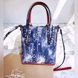 NWT CHRISTIAN LOUBOUTIN Leather Cabata Punk Denim PrintStudded Blue Bag